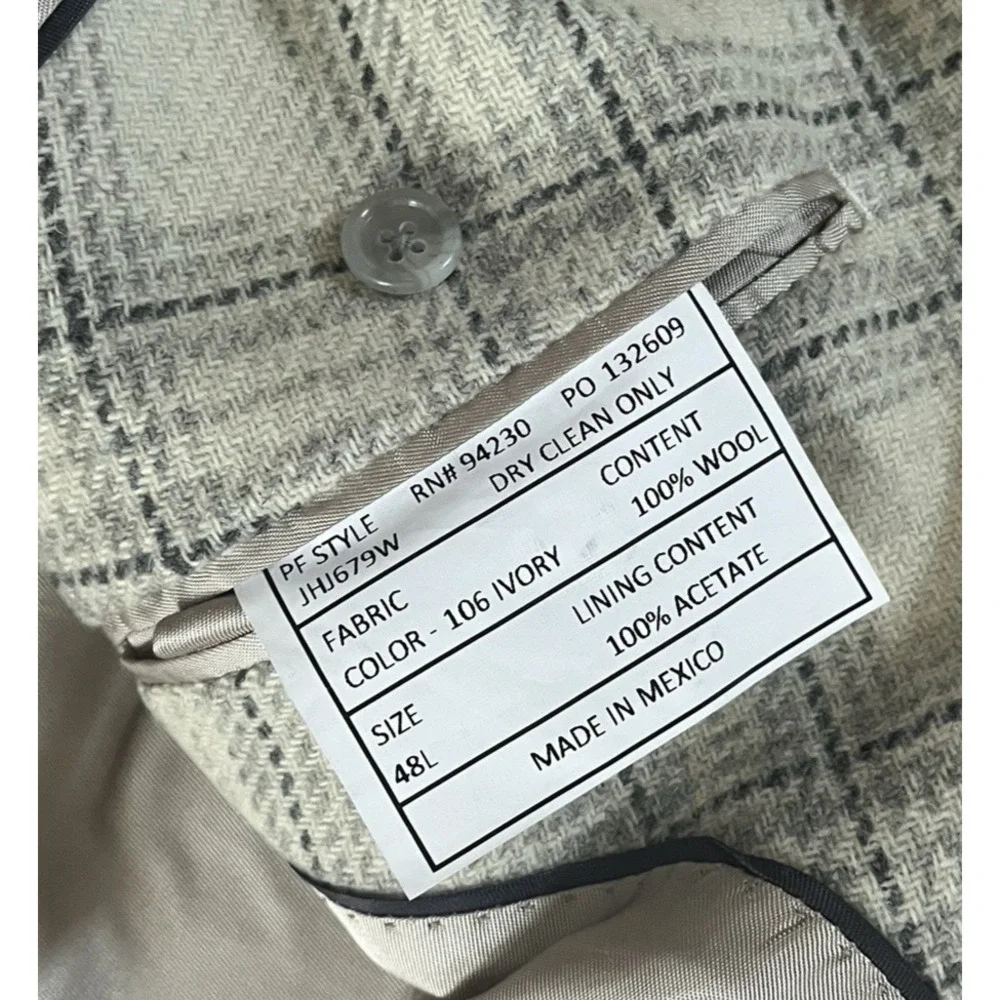 Paul Fredrick Men's Size 48L Blazer Suit Jacket Cream Ivory Plaid Elbow Patch